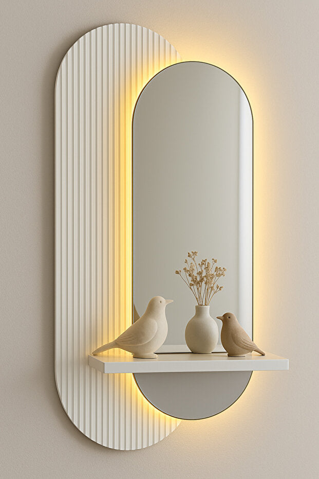 Dekorium 40x90 cm Pleksi Aynalı LED Duvar Dekoru - Raflı, Kumandalı - Model D001