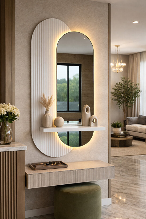 Dekorium 40x90 cm Pleksi Aynalı LED Duvar Dekoru - Raflı, Kumandalı - Model D001