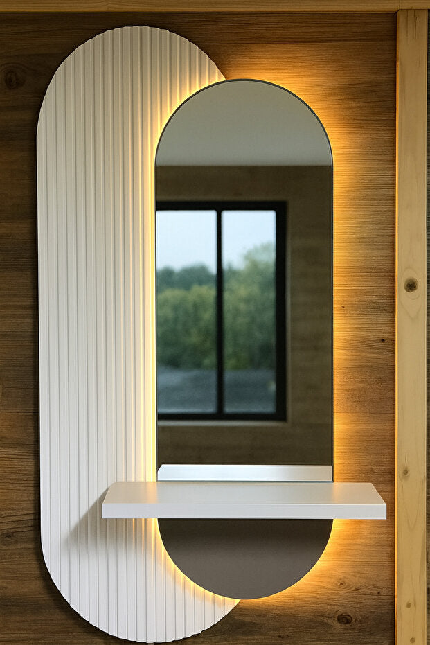 Dekorium 40x90 cm Pleksi Aynalı LED Duvar Dekoru - Raflı, Kumandalı - Model D001