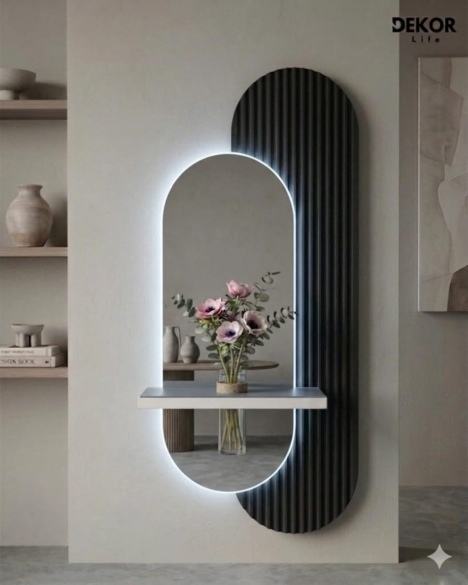 Dekorium 40x90 cm Pleksi Aynalı LED Duvar Dekoru - Raflı, Kumandalı - Model D003